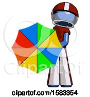 Poster, Art Print Of Blue Football Player Man Holding Rainbow Umbrella Out To Viewer
