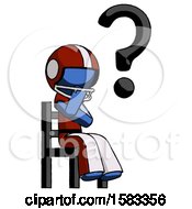 Poster, Art Print Of Blue Football Player Man Question Mark Concept Sitting On Chair Thinking
