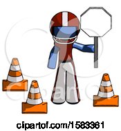 Poster, Art Print Of Blue Football Player Man Holding Stop Sign By Traffic Cones Under Construction Concept