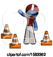 Poster, Art Print Of Blue Football Player Man Standing By Traffic Cones Waving