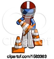 Poster, Art Print Of Blue Football Player Man Holding A Traffic Cone