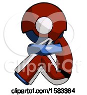 Poster, Art Print Of Blue Football Player Man Sitting With Head Down Facing Sideways Left