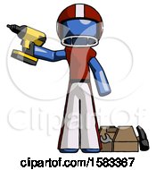 Blue Football Player Man Holding Drill Ready To Work Toolchest And Tools To Right