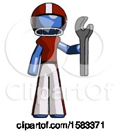 Blue Football Player Man Holding Wrench Ready To Repair Or Work