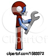Poster, Art Print Of Blue Football Player Man Using Wrench Adjusting Something To Right
