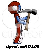 Poster, Art Print Of Blue Football Player Man Hammering Something On The Right