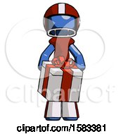 Poster, Art Print Of Blue Football Player Man Gifting Present With Large Bow Front View