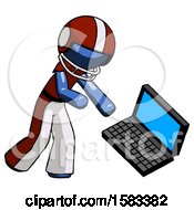 Poster, Art Print Of Blue Football Player Man Throwing Laptop Computer In Frustration