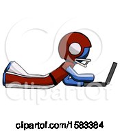 Poster, Art Print Of Blue Football Player Man Using Laptop Computer While Lying On Floor Side View