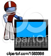 Poster, Art Print Of Blue Football Player Man Beside Large Laptop Computer Leaning Against It