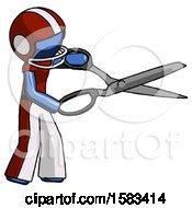 Poster, Art Print Of Blue Football Player Man Holding Giant Scissors Cutting Out Something