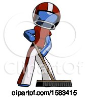Poster, Art Print Of Blue Football Player Man Cleaning Services Janitor Sweeping Floor With Push Broom