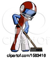 Poster, Art Print Of Blue Football Player Man Cleaning Services Janitor Sweeping Side View
