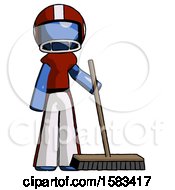 Blue Football Player Man Standing With Industrial Broom