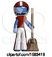 Blue Football Player Man Standing With Broom Cleaning Services