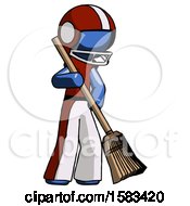 Poster, Art Print Of Blue Football Player Man Sweeping Area With Broom