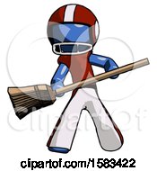 Poster, Art Print Of Blue Football Player Man Broom Fighter Defense Pose