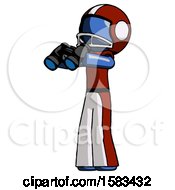 Poster, Art Print Of Blue Football Player Man Holding Binoculars Ready To Look Left