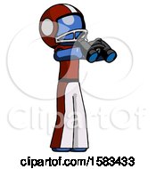Poster, Art Print Of Blue Football Player Man Holding Binoculars Ready To Look Right