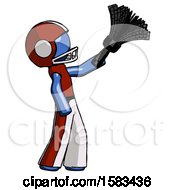 Poster, Art Print Of Blue Football Player Man Dusting With Feather Duster Upwards