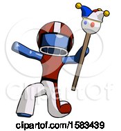 Poster, Art Print Of Blue Football Player Man Holding Jester Staff Posing Charismatically