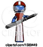 Blue Football Player Man Posing Confidently With Giant Pen