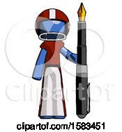 Blue Football Player Man Holding Giant Calligraphy Pen