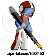 Poster, Art Print Of Blue Football Player Man Drawing Or Writing With Large Calligraphy Pen