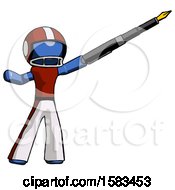 Blue Football Player Man Pen Is Mightier Than The Sword Calligraphy Pose