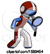 Poster, Art Print Of Blue Football Player Man Inspecting With Large Magnifying Glass Right