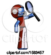 Poster, Art Print Of Blue Football Player Man Inspecting With Large Magnifying Glass Facing Up