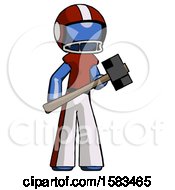 Poster, Art Print Of Blue Football Player Man With Sledgehammer Standing Ready To Work Or Defend