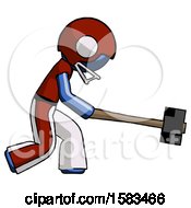 Poster, Art Print Of Blue Football Player Man Hitting With Sledgehammer Or Smashing Something