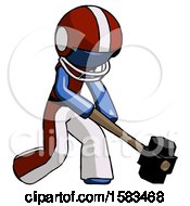 Poster, Art Print Of Blue Football Player Man Hitting With Sledgehammer Or Smashing Something At Angle