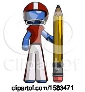 Poster, Art Print Of Blue Football Player Man With Large Pencil Standing Ready To Write