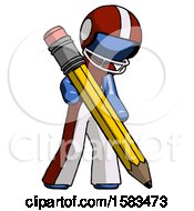 Poster, Art Print Of Blue Football Player Man Writing With Large Pencil