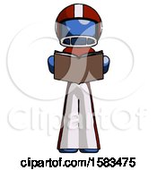 Poster, Art Print Of Blue Football Player Man Reading Book While Standing Up Facing Viewer
