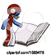 Poster, Art Print Of Blue Football Player Man Reading Big Book While Standing Beside It