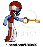 Blue Football Player Man With Big Key Of Gold Opening Something