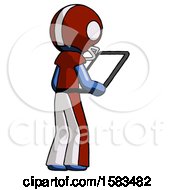 Poster, Art Print Of Blue Football Player Man Looking At Tablet Device Computer Facing Away