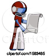 Poster, Art Print Of Blue Football Player Man Holding Blueprints Or Scroll