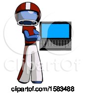 Poster, Art Print Of Blue Football Player Man Holding Laptop Computer Presenting Something On Screen