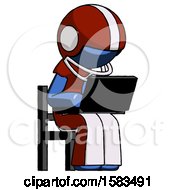 Poster, Art Print Of Blue Football Player Man Using Laptop Computer While Sitting In Chair Angled Right