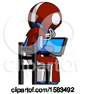 Poster, Art Print Of Blue Football Player Man Using Laptop Computer While Sitting In Chair View From Back