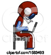 Poster, Art Print Of Blue Football Player Man Using Laptop Computer While Sitting In Chair View From Side