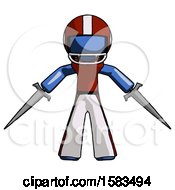 Poster, Art Print Of Blue Football Player Man Two Sword Defense Pose