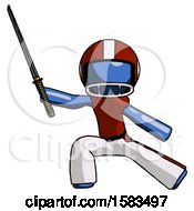 Poster, Art Print Of Blue Football Player Man With Ninja Sword Katana In Defense Pose