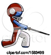 Poster, Art Print Of Blue Football Player Man With Ninja Sword Katana Slicing Or Striking Something