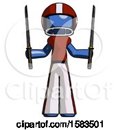 Blue Football Player Man Posing With Two Ninja Sword Katanas Up
