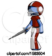 Poster, Art Print Of Blue Football Player Man With Sword Walking Confidently